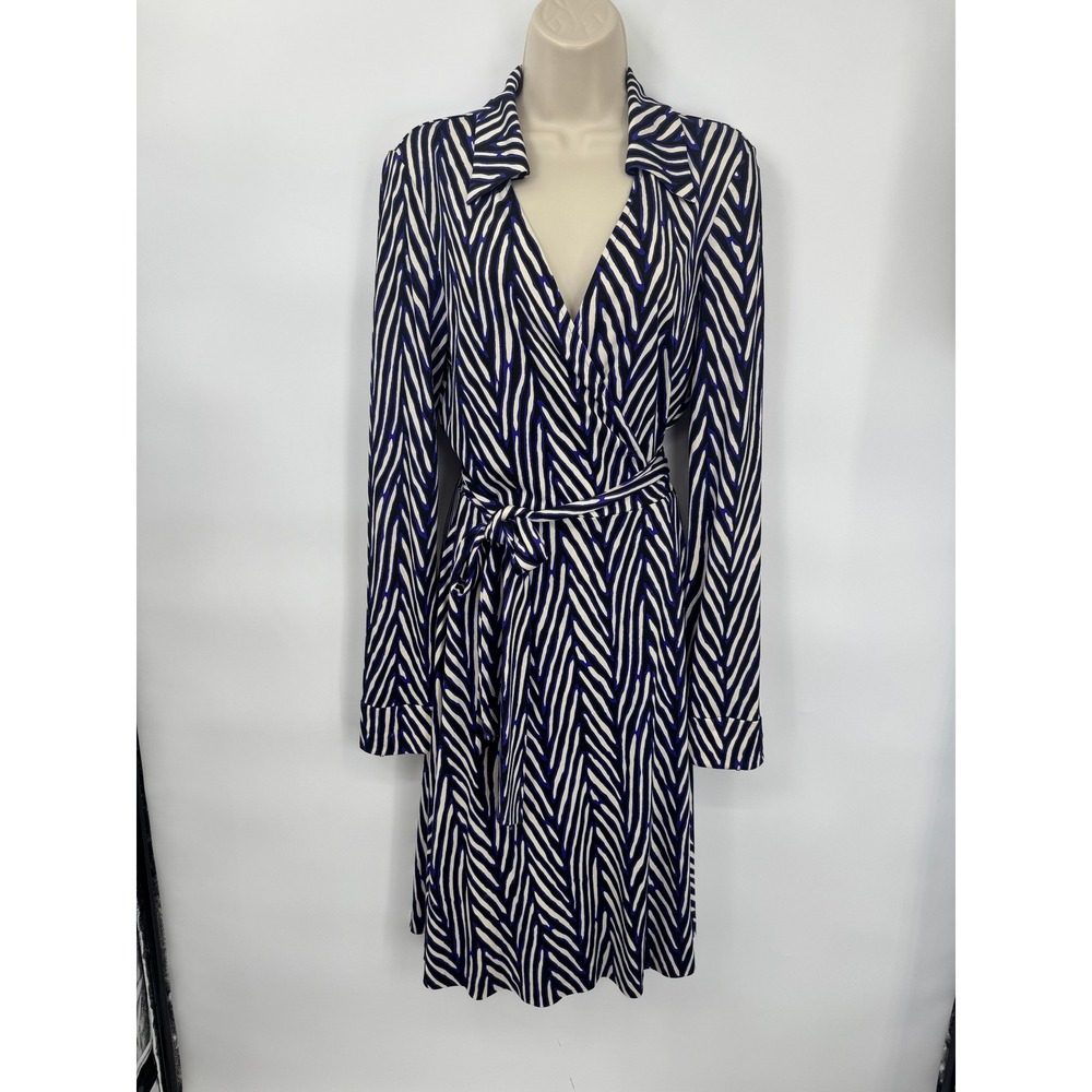 Diane von Furstenberg Julie Silk Wrap Dress Black Blue White Zebra Print Size 12 - Picture 2 of 16